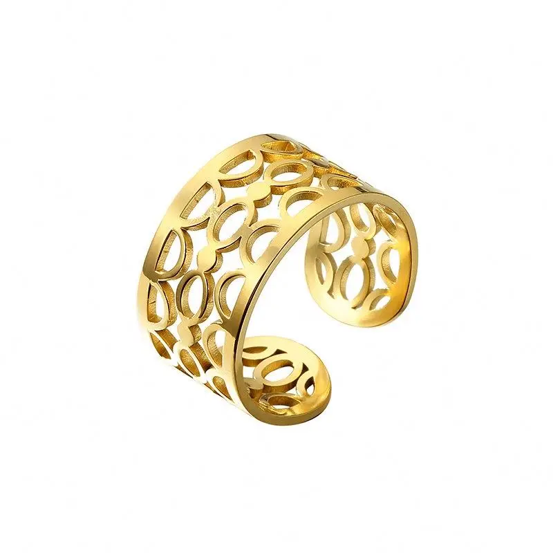 

Finger Jewelry 14K Gold Plated Hollow Pattern Stainless Steel Width Ring