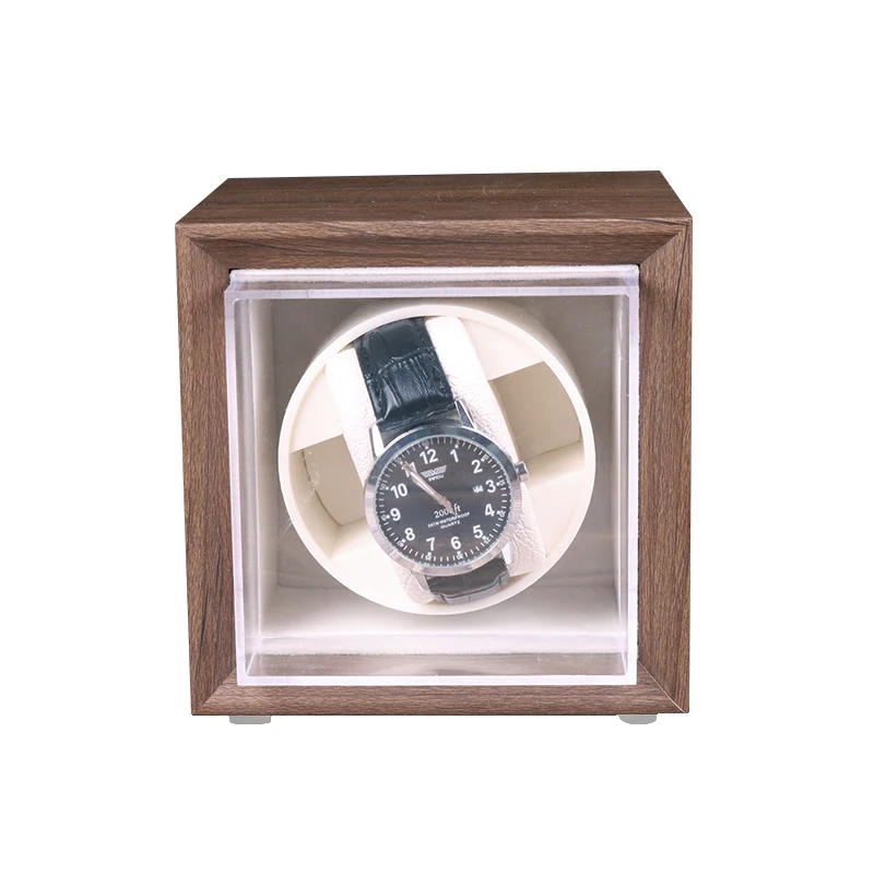

Wholesale Automatic Safe Walnut Wood Grain Single Watch Winder Box 650 tpd Rotation Watch Winder for Sale with Acrylic Cover