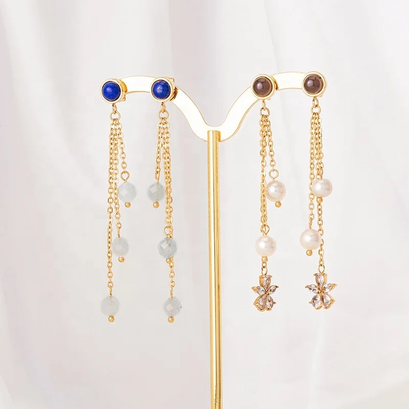 

Fashionable Gold Plated Stainless Steel Pearl Natural Stone Long Chain Tassel Stud Earrings Women