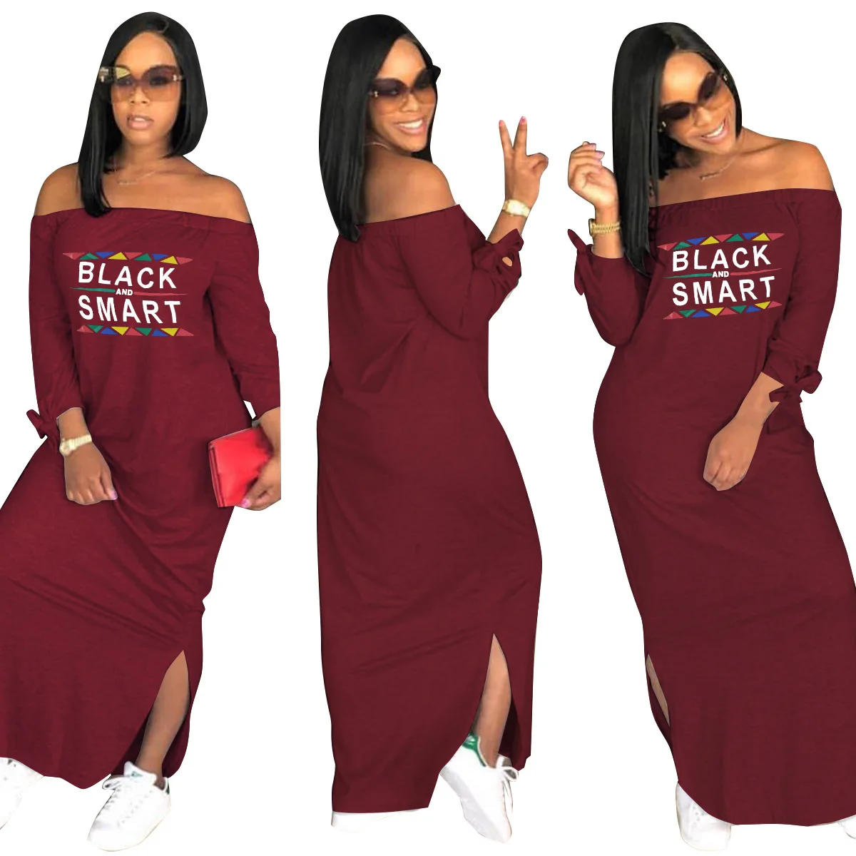

New Off shoulder Long Sleeve Fashion Women Bowknot Sides Slit Cartoon Lips Maxi Dress Women Dress