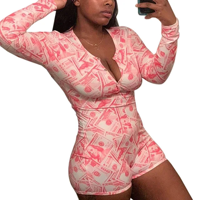 

Sexy Onesie Stretchy Pajamas Adults Women Plus Size Button Bodysuit Leotard Short Sleepwear Jumpsuit Rompers Money Onesie