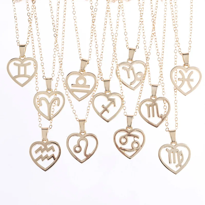 

12 Zodiac Sign Design Necklace Fashion Custom Gold Color Heart Pendant Charm Chain Women Necklace For Birthday Day Gift, 1colors available