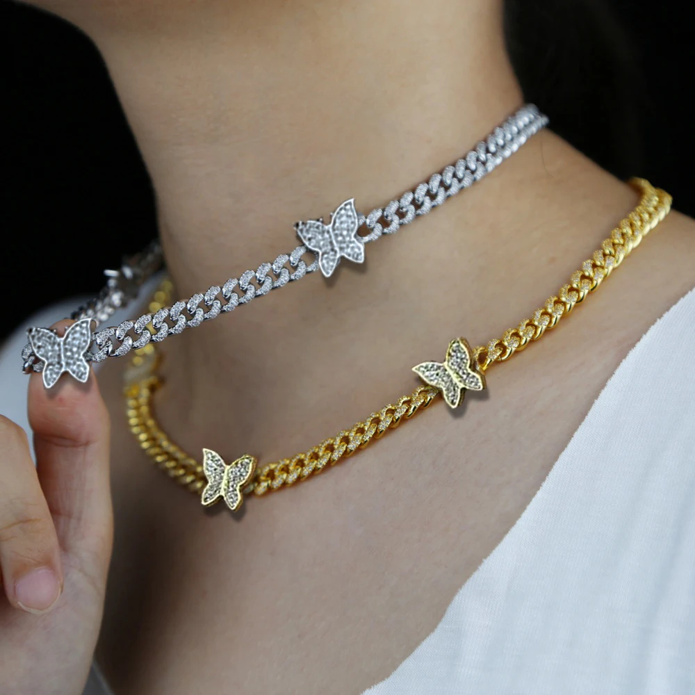 

Korean Fashion Simple Elegant Jewelry For Women Girls Colorful Rhinestone Gold Plated Cuban Chain Link Butterfly Choker Necklace, Gold,silver ,pink color