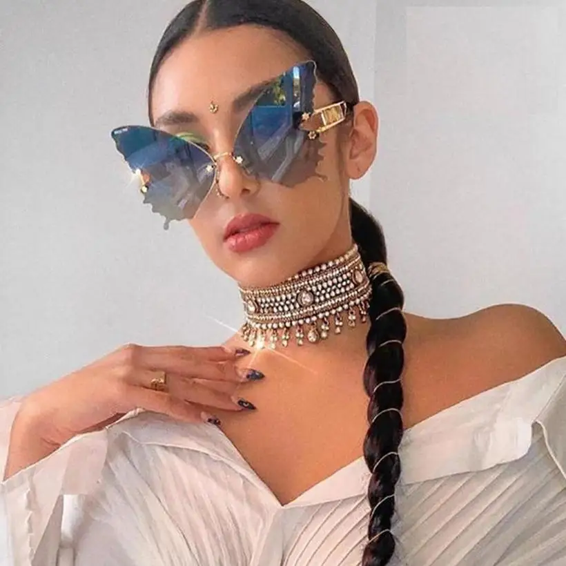 

THREE HIPPOS 2020 new arrivals Big Butterfly shaped sunglasses metal framework Rimless Shades Colorful party Sun Glasses, 6 colors