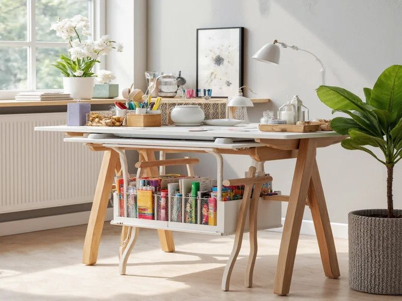 Properly maintained folding craft table with organized supplies