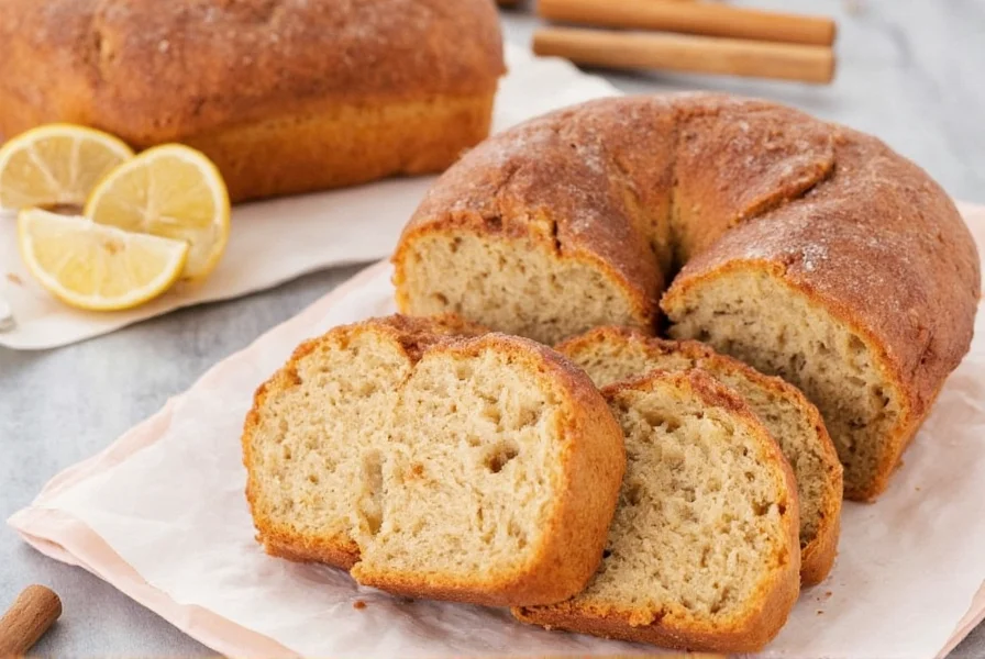 Slice of cinnamon donut bread showing interior swirl pattern on wooden cutting board