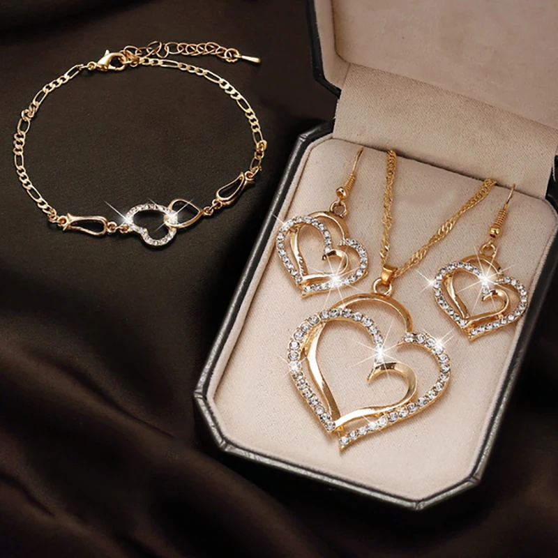 

Exquisite Silver Heart Diamond Pendant Necklace Crystal Earrings and Bracelet Wedding Birthday Jewelry Gifts, Gold/silver