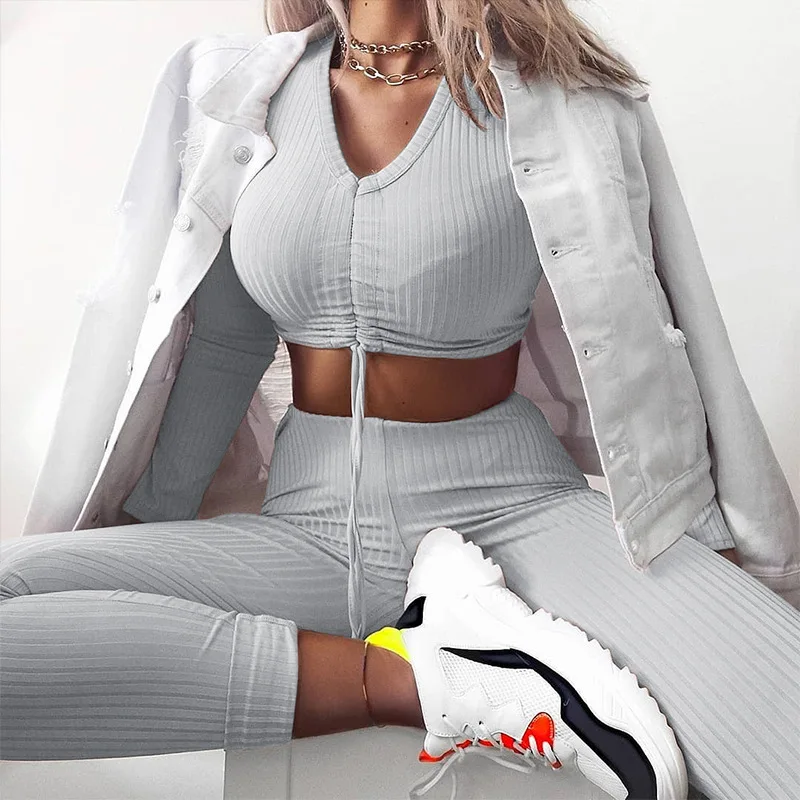 

Sexy exposed navel v neck crop top tights Tracksuit two piece Set casual trousers running sports suit