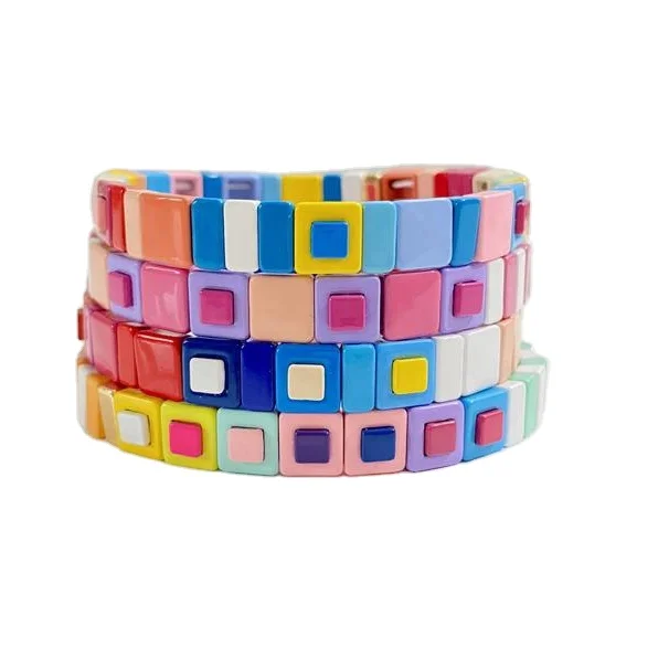 

Trendy Rainbow Double Square Enamel Tile Beads Colorblock Bracelets, Red