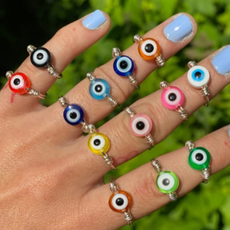 

Vintage Coloful Blue Woven Handmade Silver Copper Wire Wrapped Turkish Evil Eye Acrylic Ring, 12 colors