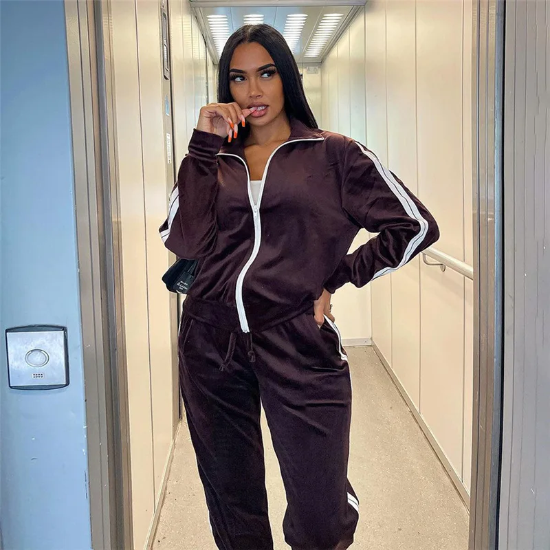 

Velvet Two Piece Set Women Solid Simple Loose Zipper Long Sleeve Top And High Waist Pants Patchwork Casual Fall Set Woman