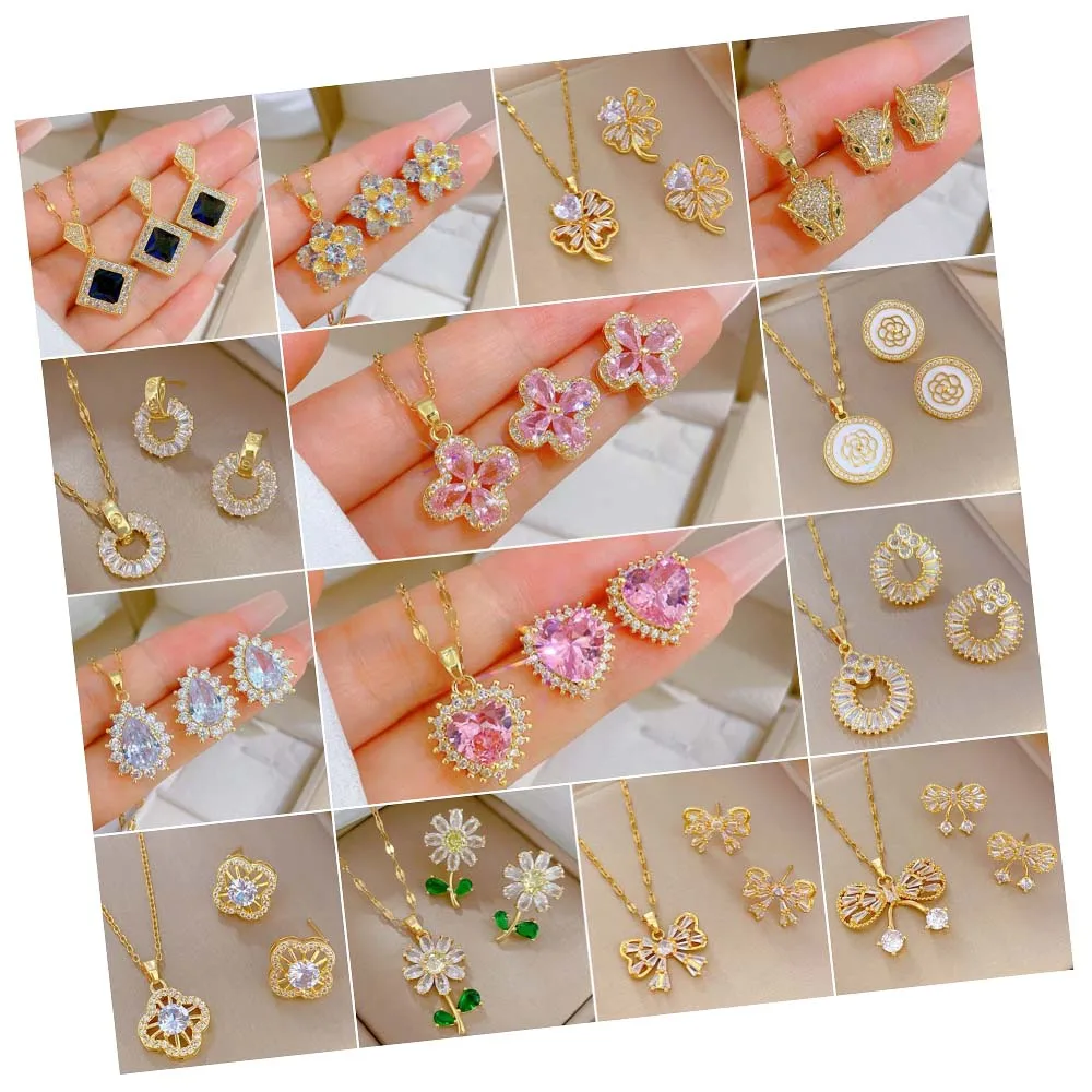 

2PCS Real 18k Gold Plated Earrings Stainless Steel Chain Pink CZ Zirconia Flower Heart Pendant Necklace Jewelry Set for Woman