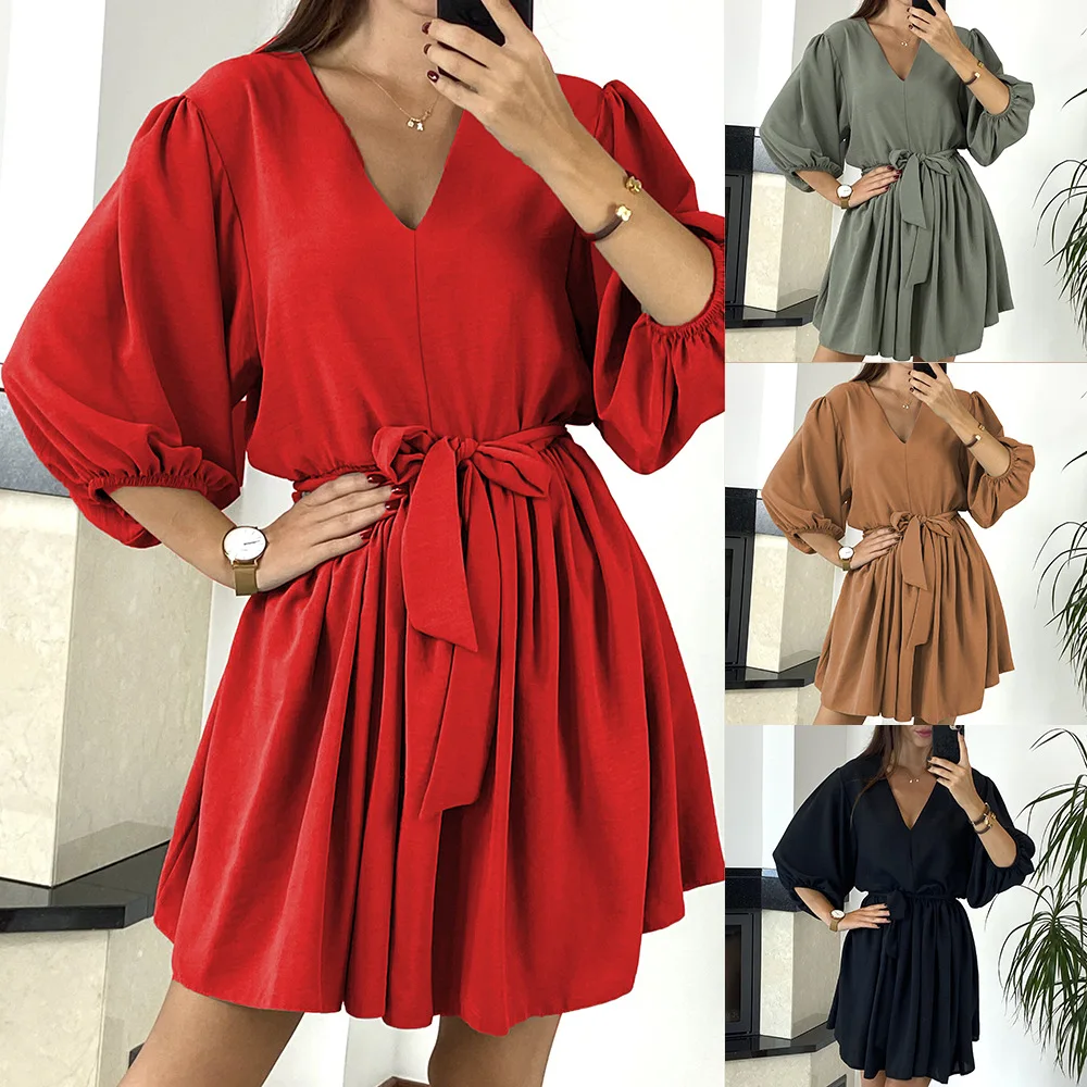 

Women's Solid Elegant V-Neck Dresses Loose Pleated Mini Dress Casual Sexy Pleated Party Dresses Belt Bowknot