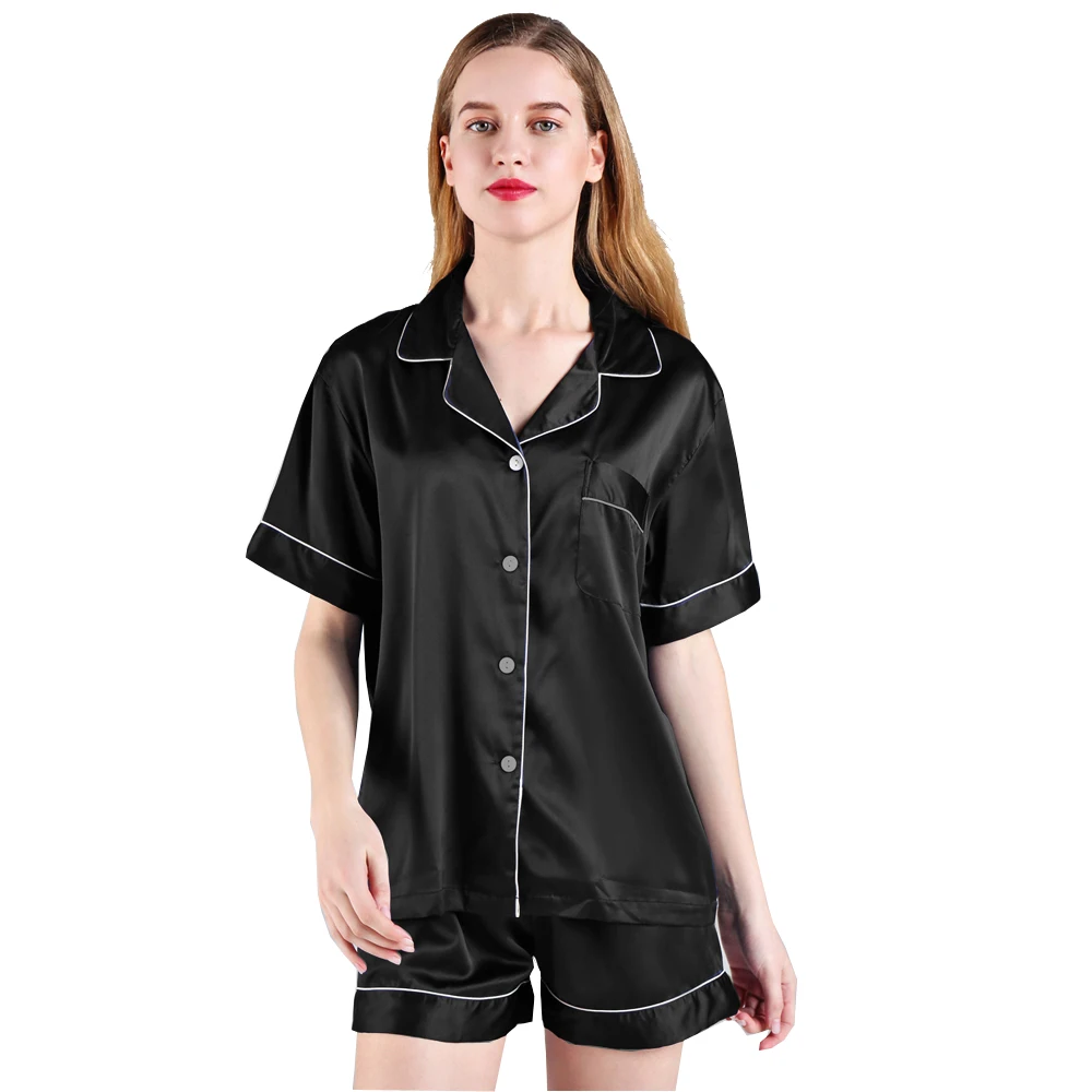 Fung  3034   Hot Sale Plain Womens Silk Night Wear  Black Matter Satin Pyjamas Set