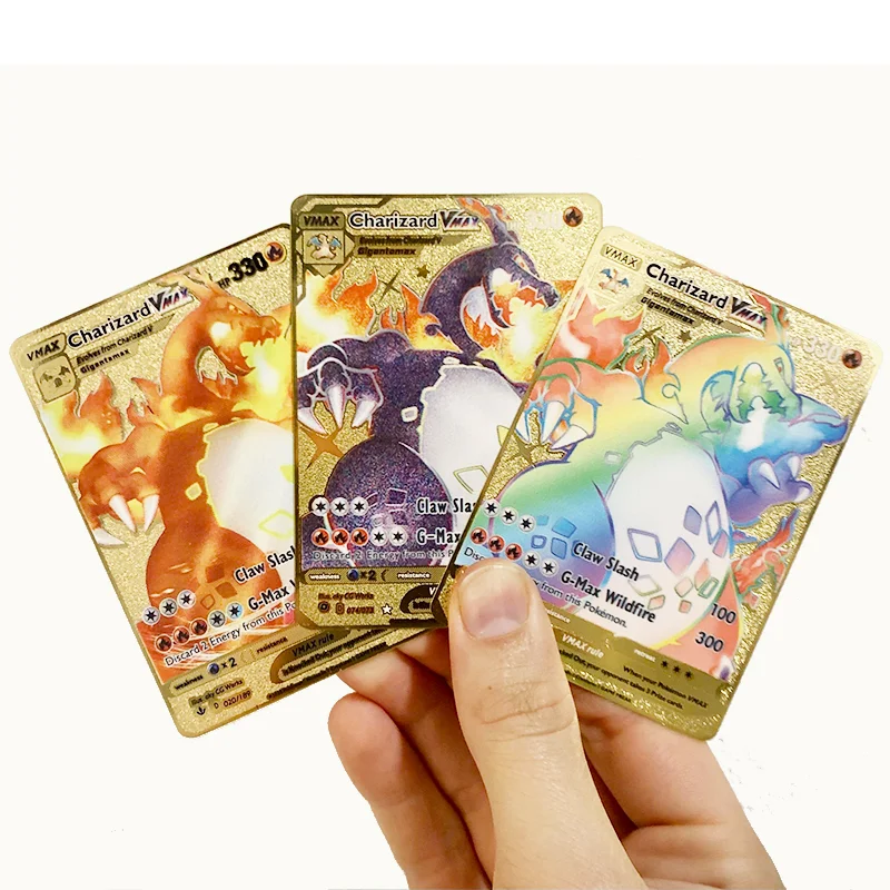 

Fast Shipping Rainbow Charizard Pikachu Vmax HP330 GX Gold Metal Pokemon Cards New Trading Cards Game