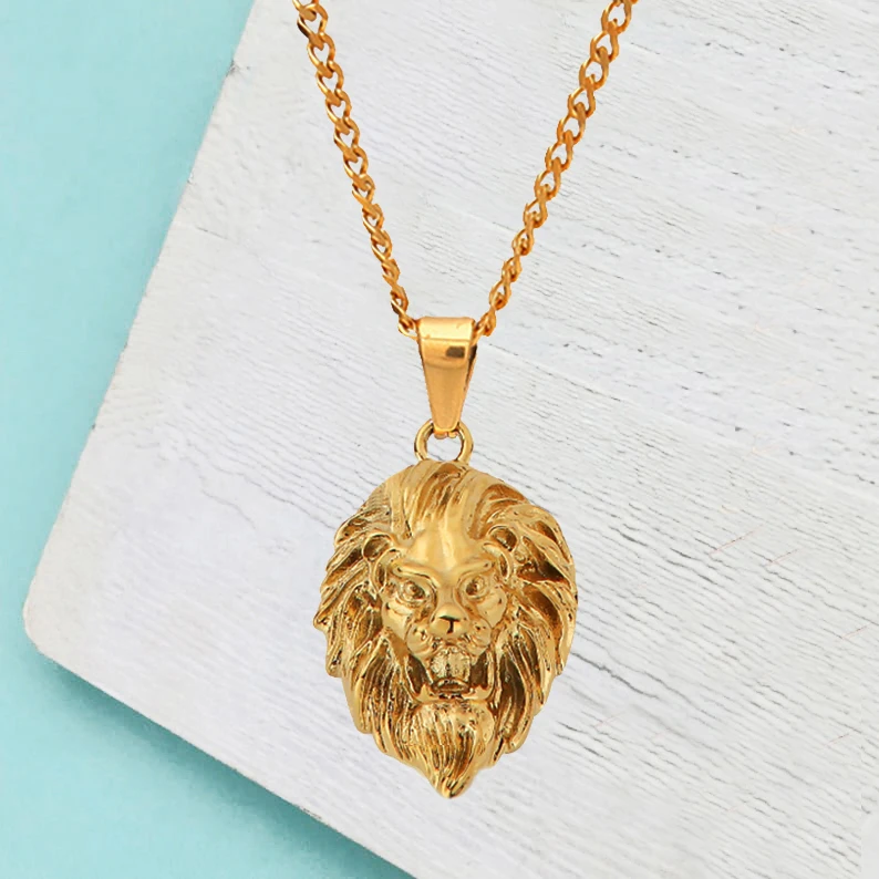 

Punk 18k gold lion men's pendant necklace stainless steel hiphop jewelry 25mm lion head charm animal necklace with curb chain