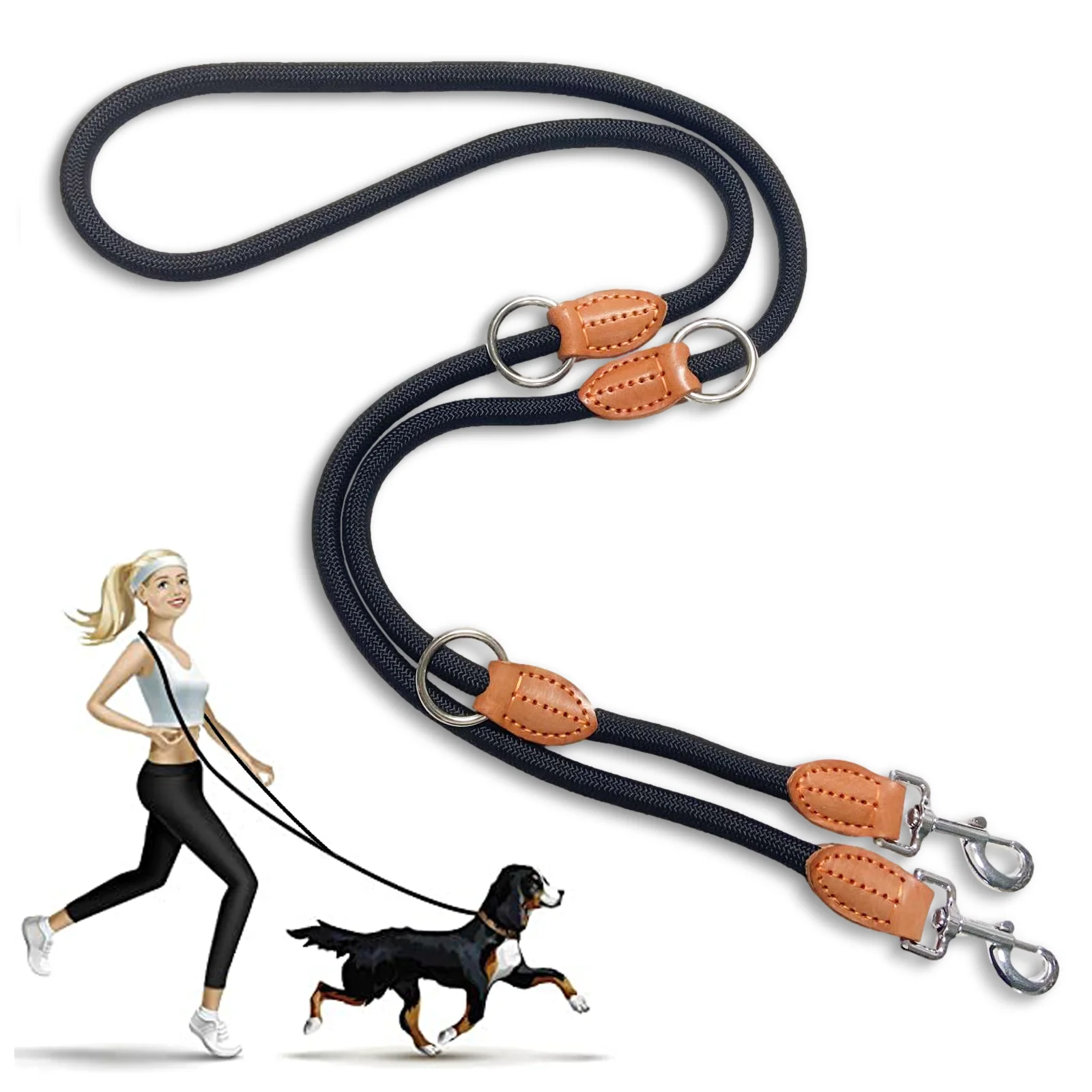 

7 FT Strong Thick Nylon Double Ends Hands Free Rope Dog Leash for Medium and Large Dogs, Black