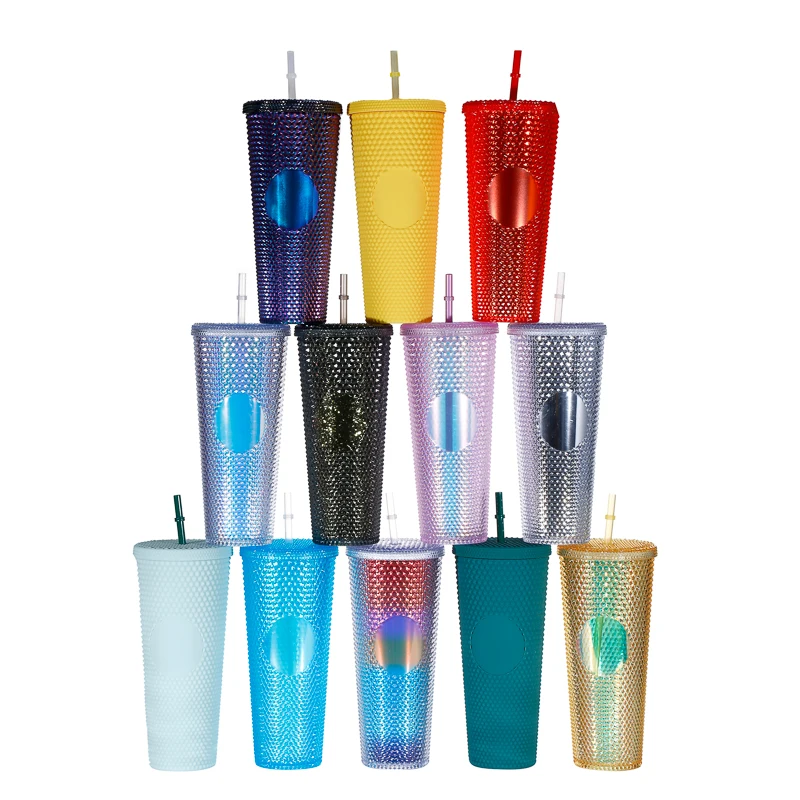 

Amazon Hot Sale 24oz Reusable Durian Cups Double Wall Matte Studded Plastic Tumbler with Lid and Straw, Plain color or custom gradient color