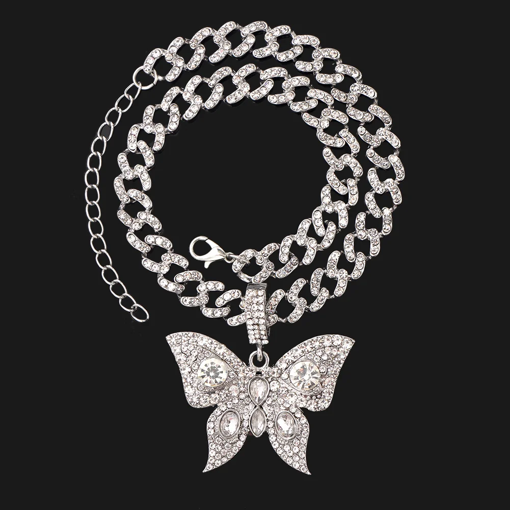 

Luxury Statement Crystal Rhinestone Tennis Choker Chain Large Butterfly Charm Cuban Necklace For Women, Gold silver plated
