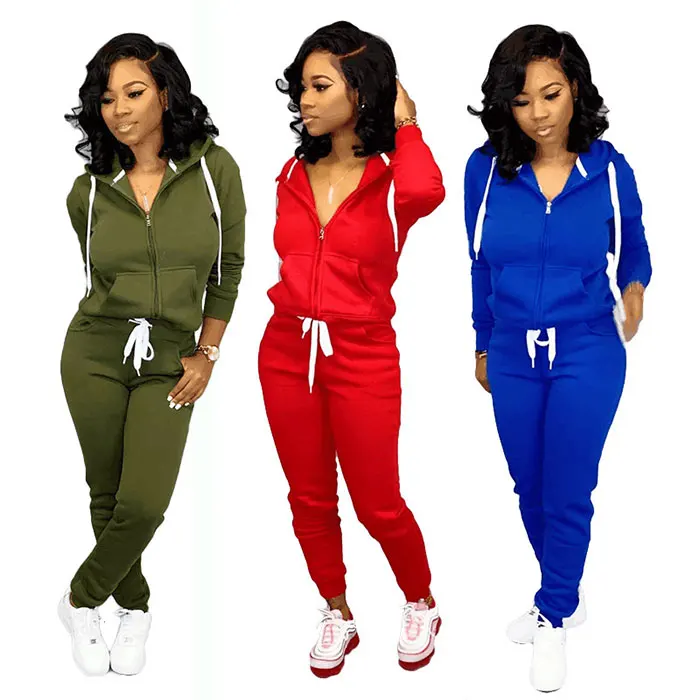 

2021 Solid Color Zipper Hoodie Long Sleeve Two Piece Set Women Clothing Tracksuit Joggers Set