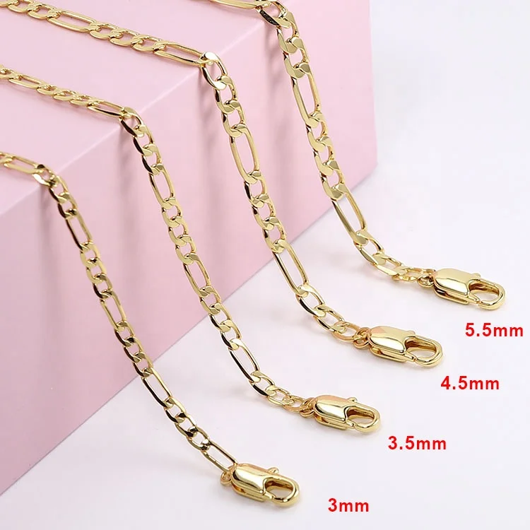 

3mm 5mm 7mm High Quality 18K Gold Plated Women Wholesale14K Bracelet Flat Thin Brass Minimalist Anklets Figaro Chain Necklace