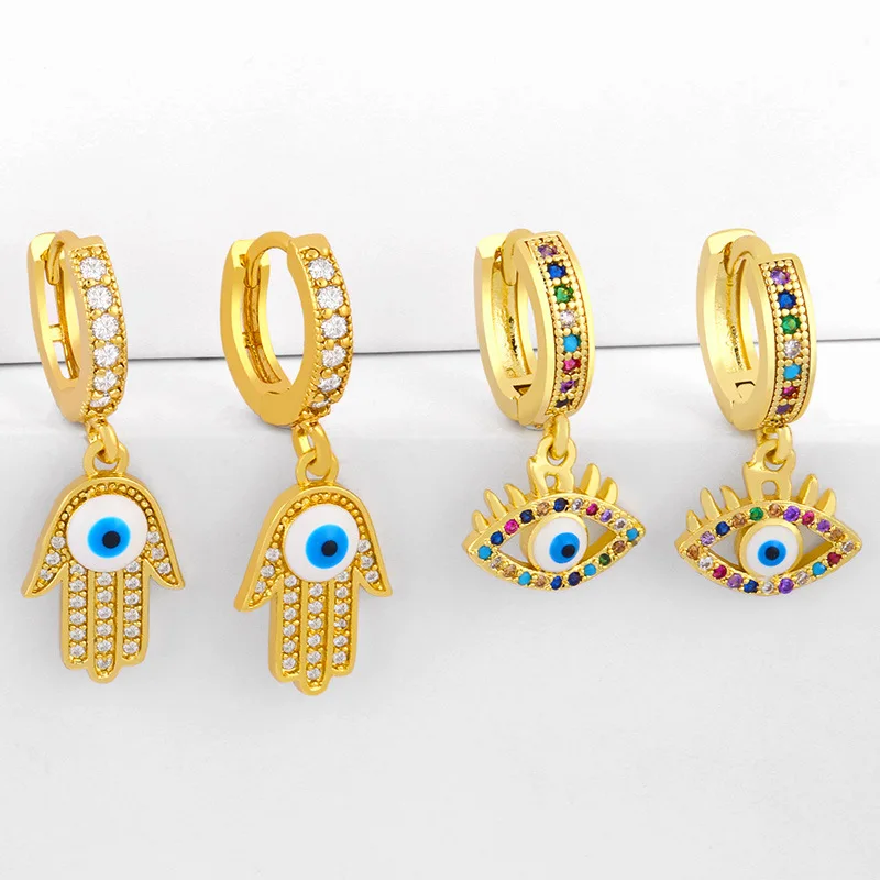 

Evil Blue Eyes Enamel Drop Earrings Women 18K Gold Plated Cubic Zirconia Hoop Ear, Gold color earring