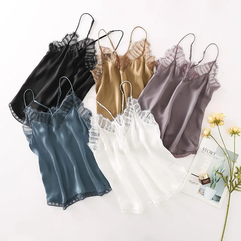 

Spring Ladies 100% Real Silk Camisole V-neck Mulberry Silk Women's Tank Tops