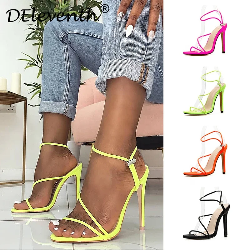 

101973 New Summer Women's Sandals Open Toe Ankle Strap High Heels Stilettos Fashion Ladies Shoes women heels designer heels, Green;black;orange;rose red