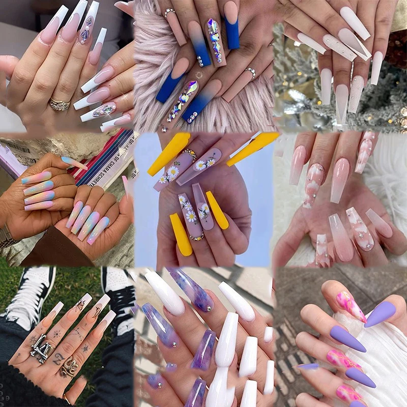 

Mixed designs 24 pcs crystal long coffin artificial art press on nails for ladies