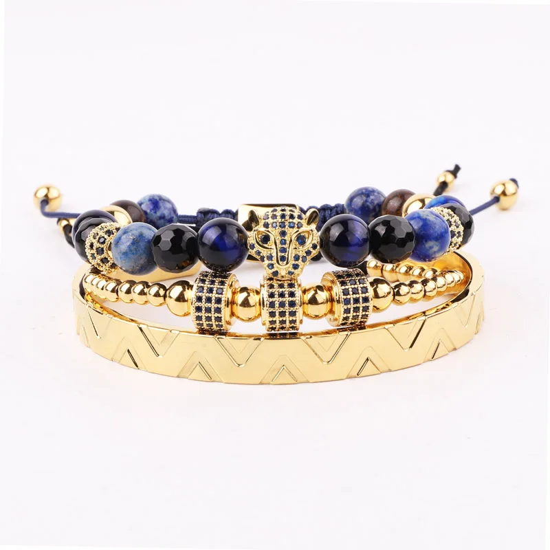 

High Quality New design Luxury Natural Stone Blue Tiger Eye CZ Cat Leopard Charm Beads Stainless Steel Bangle Bracelet Set Men