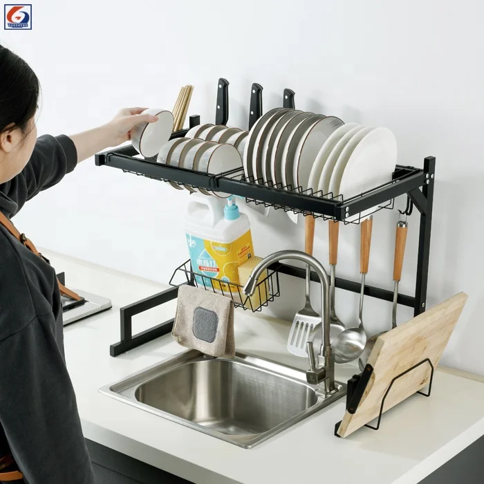 

Adjustable 2 tier Stainless Steel Metal Kitchen Storage Organizer Shelf Over The Sink Dish Drainer Drying Rack, Black color