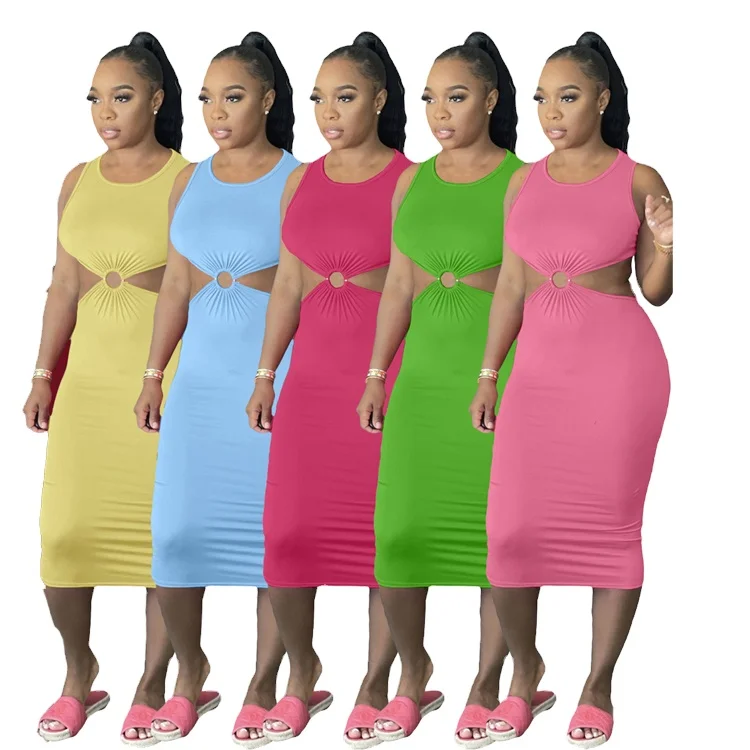 

DUODUOCOLOR Solid color fashion sleeveless sexy hollow out midi skirt plus size womens casual summer dress D10171