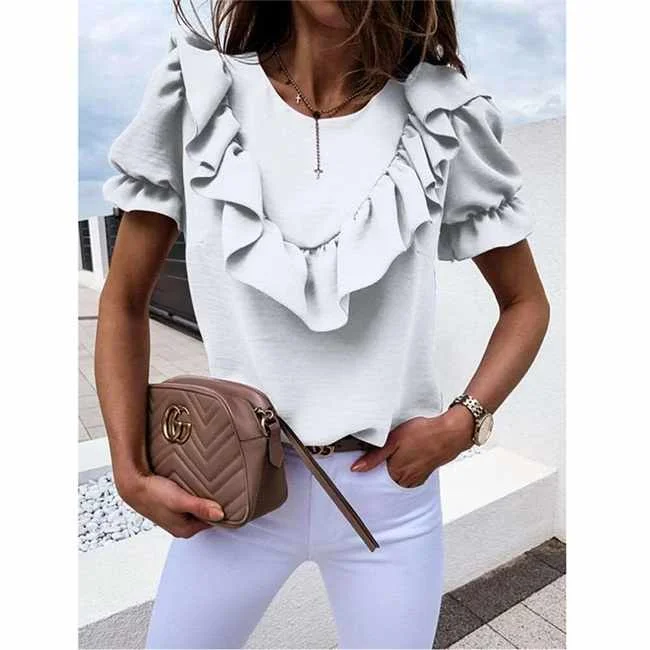 

Hot Sale Women's Puff Sleeve Ruffled Solid Round Neck T Shirt, Picture color