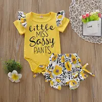 

Summer Baby Outfit Cute Yellow Ruffle Letter Bodysuit+ Flower Bloomers 2 Piece Baby Short Sleeve Clothing Set