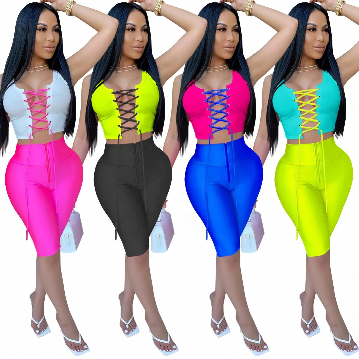 

2021 New Fashion Women Outfit 2 Piece Short Set Lace Up Patchwork Two Outfits Summer Clothing, White, yellow, gray, green, black, pink, blue