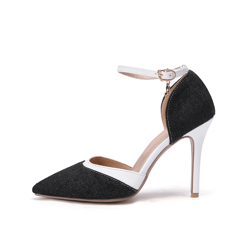 New Pointy Toe Denim Patchwork Ladies Thin Heel Pumps