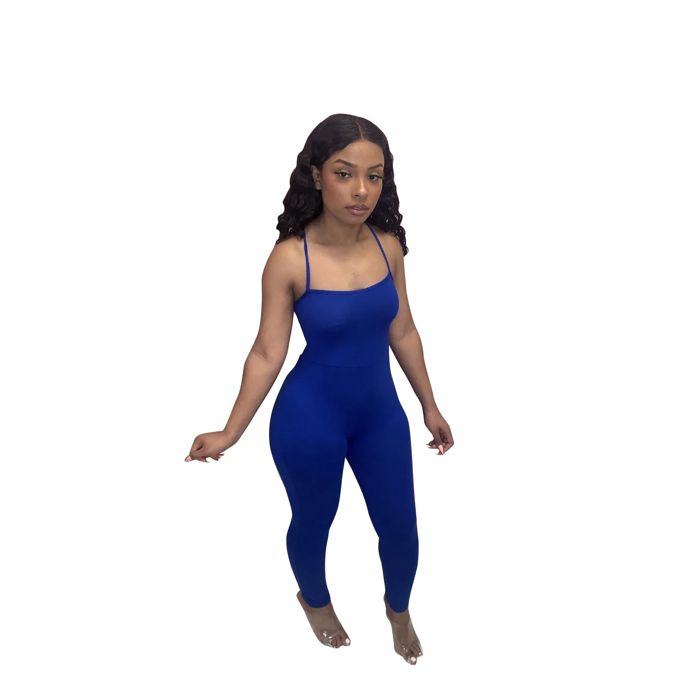 

H6420 - Bandage Casual Sleeveless Halter Backless Solid Ladies Jumpsuit