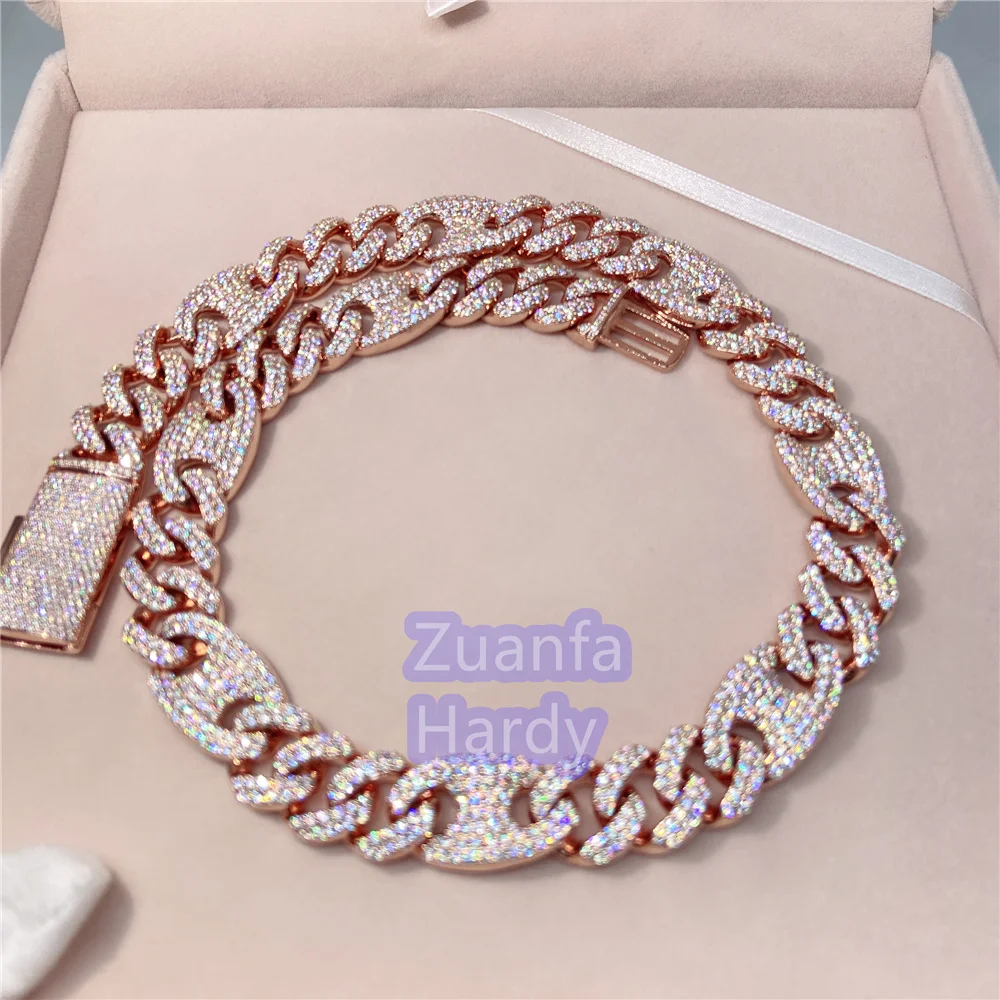 

15MM 20 inches Hip Hop Bling VVS Moissanite Diamond Iced Out 10K Rose Gold Cuban Chain
