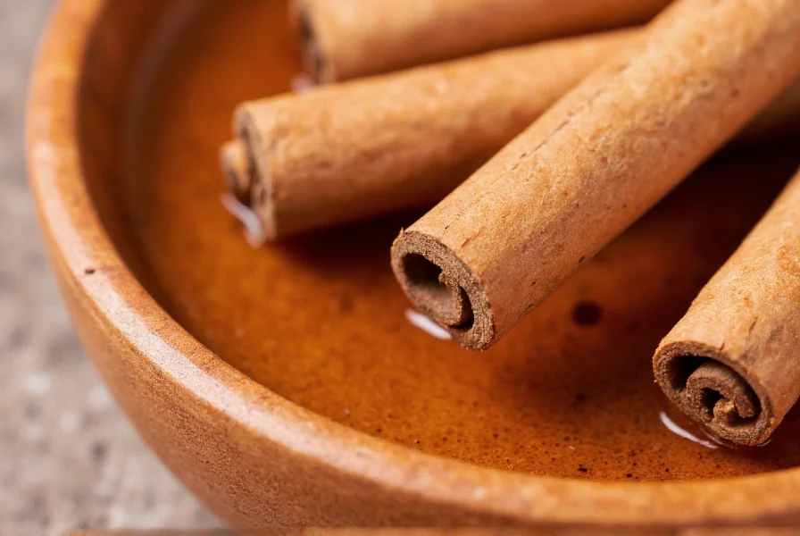 Close-up of cinnamon sticks and raw honey in a wooden bowl showing natural texture and color