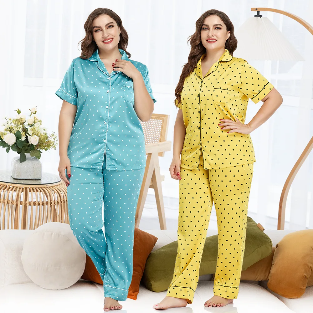 

Custom Color Dot Satin Silk Fabric Women Pajamas Long Sleeve Cardigan Suit Pyjamas Nightgowns plus size Lounge Sleepwear, Customized color