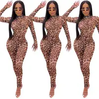 

09606NA fashion long sleeve sexy leopard print mesh sexy bodycon bandage women trendy female spandex jumpsuits 2020
