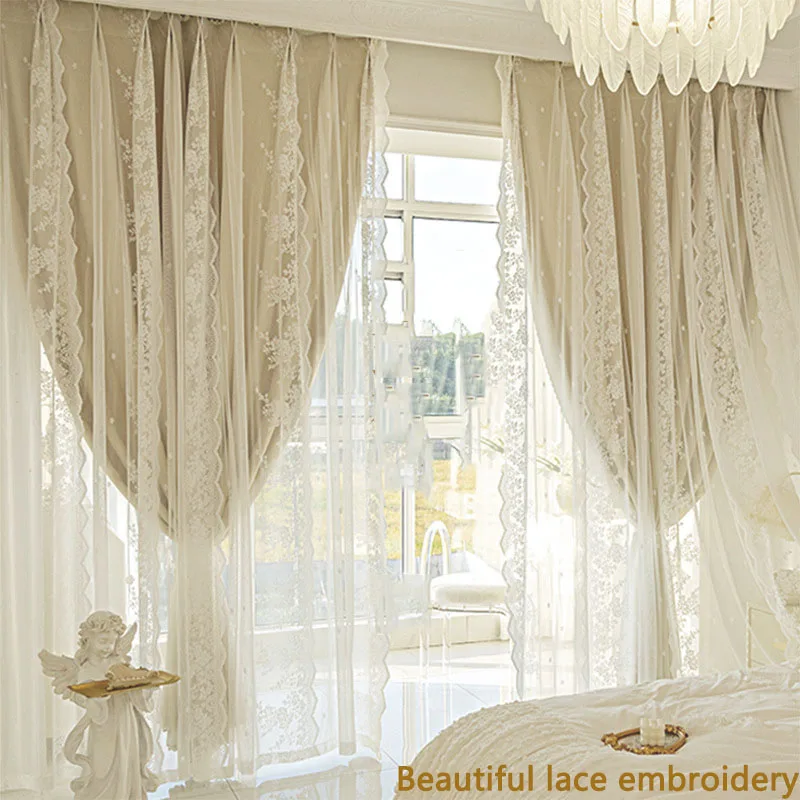 French Romance Wavy Yarn Double Lace Curtains 90% Blackout Ins Style Cream Color Hook Curtain for Bedroom Living Room Window