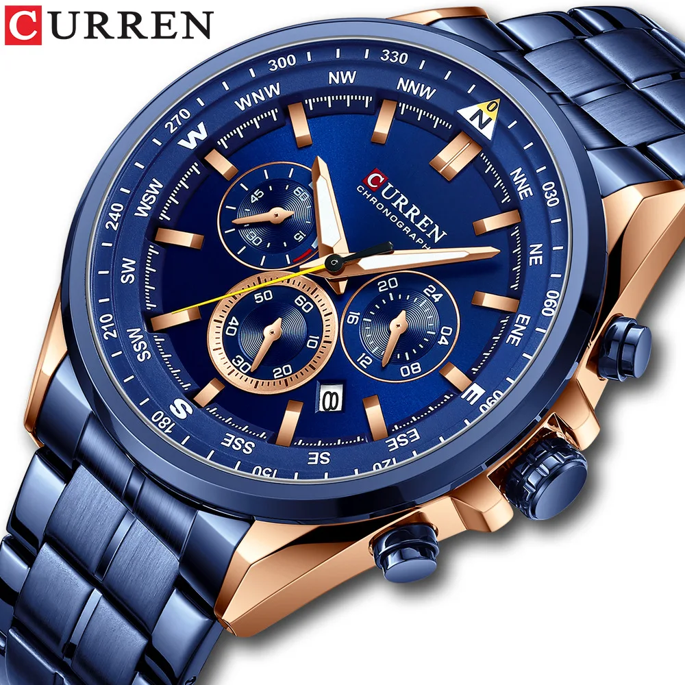 

New CURREN 8399 Blue Men's Luxury Brand Sports Chronograph Watch Fashion Waterproof Stainless Steel Luminous Men Quartz Watches, 5colors