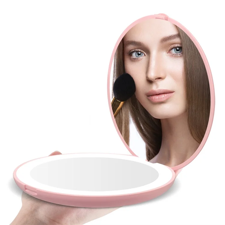 

Fold Dual Sided Magnifier Touch Round Shape Led Lights Compact Plastic Makeup Pocket Mirror Logo