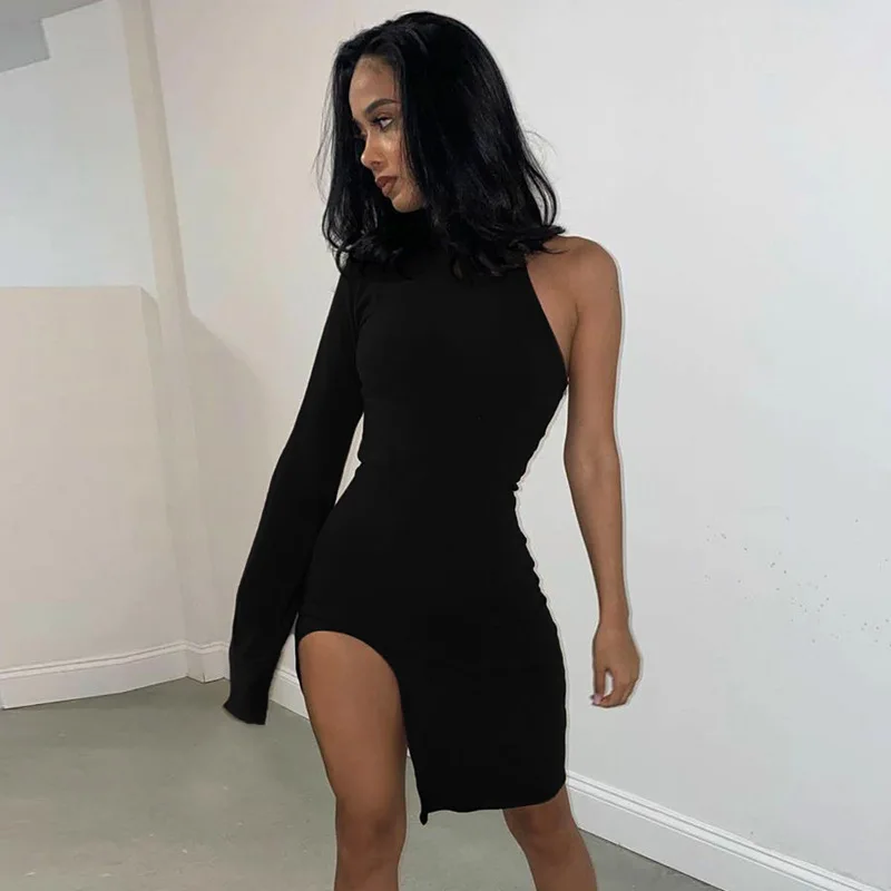 

FC817 One shoulder long sleeve women bodycon party dress side slit autumn spring fashion sexy skinny clubwear black mini dress, As picture