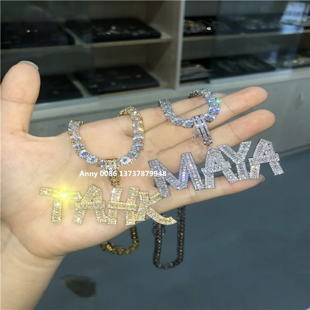 

2020 Custom Name Baguette Letters Hip Hop Iced Out Pendant with tennis chain Gold Silver Bling Zirconia Men's Hip Hop Charm Gift