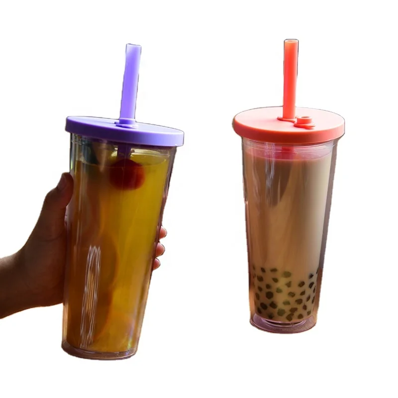 

Reusable plastic Cup Double Wall Insulated Smoothie Tumbler Wide boba tumblers with lid and Straw For Bubble Tea, Clear