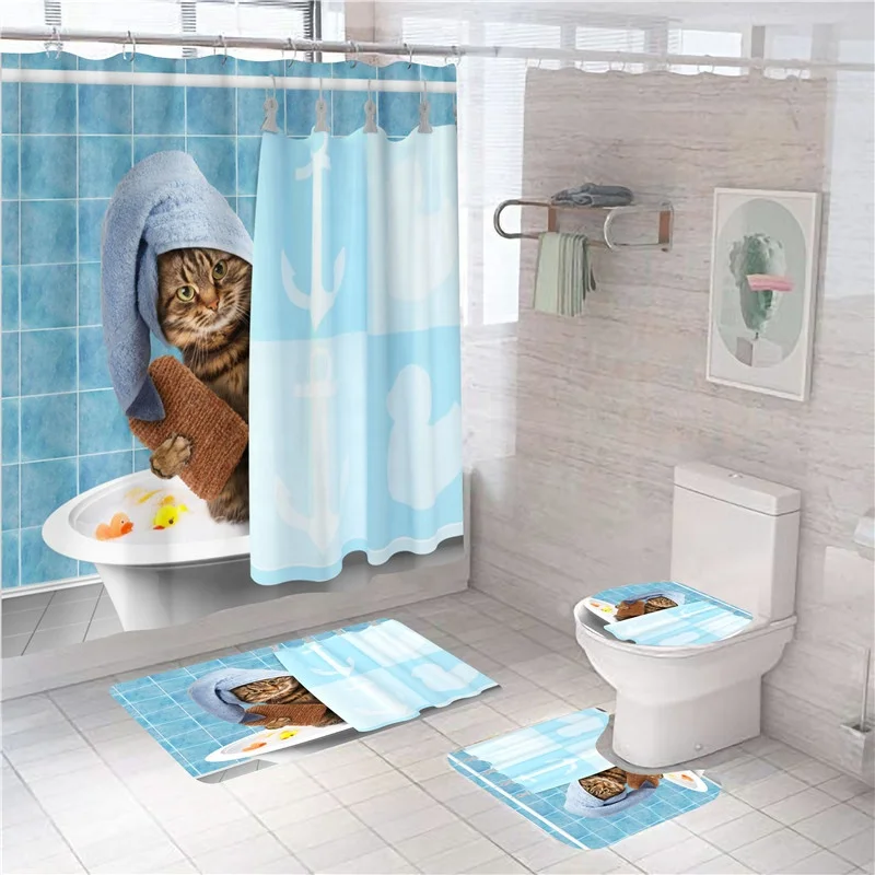 

3D Cute Cat Print Shower Curtain Bathroom Waterproof Curtains with Mats Carpet Free Hooks, Customized color