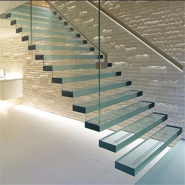 LED Light Floating Wooden Staircase Frameless Railing Wood Straight Stairs