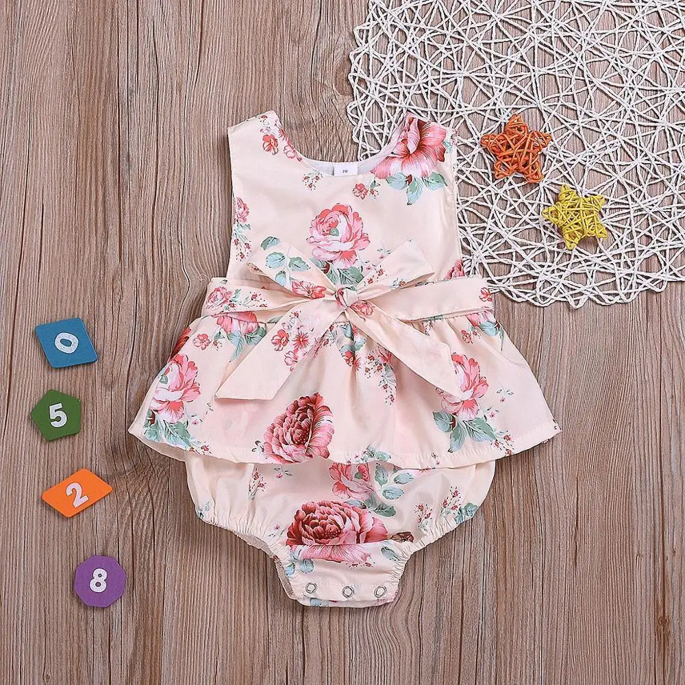 

Newborn Baby Girls Flower Romper Fashion Baby Girls Sleeveless Bowknot Romper Ruffles Jumpsuit Outfits New Born Clothes 0-24M, As picture